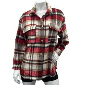Womens Red Plaid Shacket/Jacket Lapel Coat Button Down Long Sleeve Shacket M